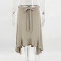Y2K Low Waist Cut Out Midi Skirt Women Asymmetrical Ruffle Hem Ruched Tie Up Khaki Long Skirts Fairycore Streetwear Jupe