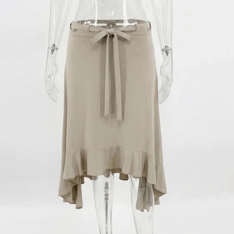 Y2K Low Waist Cut Out Midi Skirt Women Asymmetrical Ruffle Hem Ruched Tie Up Khaki Long Skirts Fairycore Streetwear Jupe