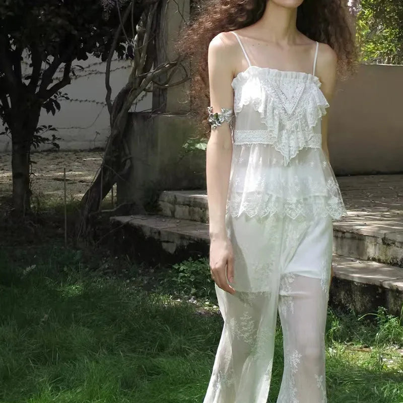 CARIE Ethereal Lace Trimmed Embroidered Strap Top Semi-Transparent Fresh Sweet Style Polyester Fiber Short Sleeveless Blouse