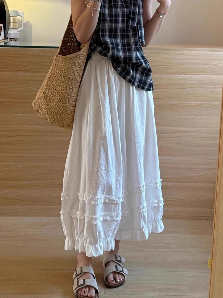 Lace Trim White Lantern Pants for Women Spring Summer Loose Elastic High Waist Wide Leg Trouser Female Ankle Length Casual Pants
