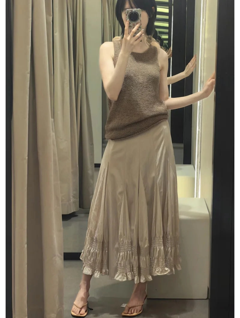 French Vintage Romantic Ruffled Smocked Panel Midi Skirt