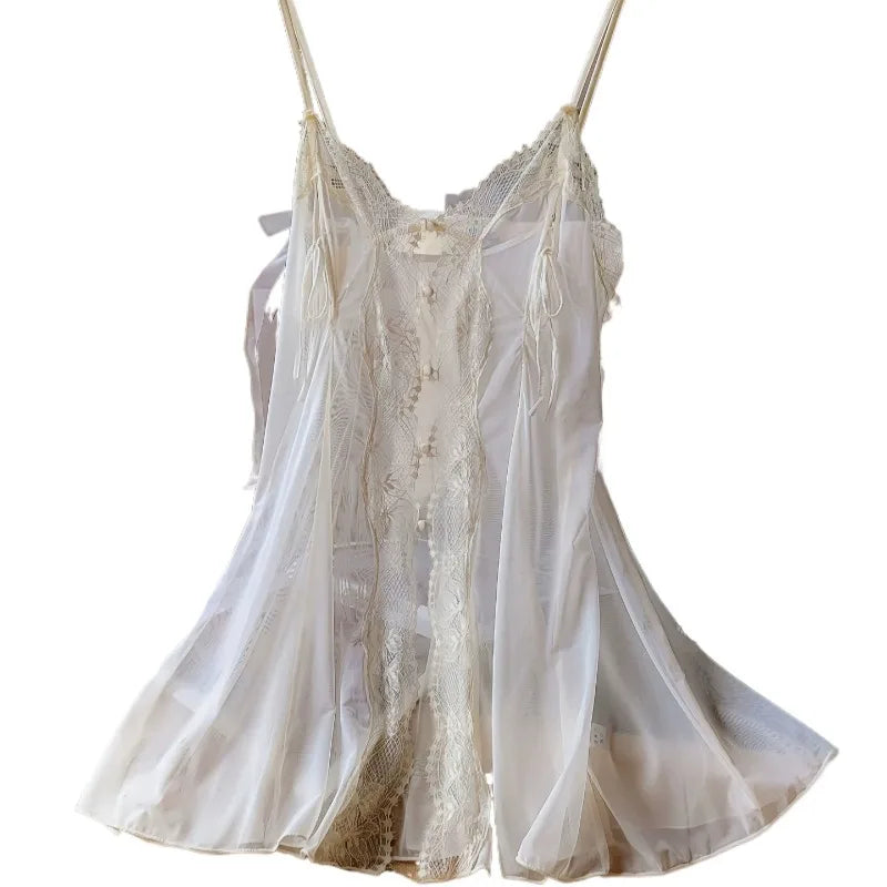 Sexy Mesh Ultra-thin Pajamas for Women's Sleepwear See Through Lace Front Open Suspender Transparent Nightdress Set with Panties