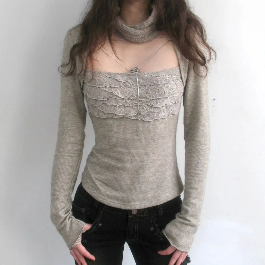Grey Lace Trim Long Sleeve Coquette Top
