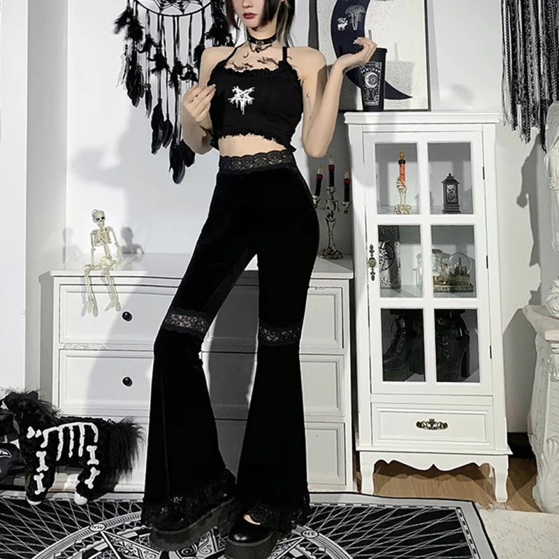 Gothic Black Lace Velvet Flare Pants