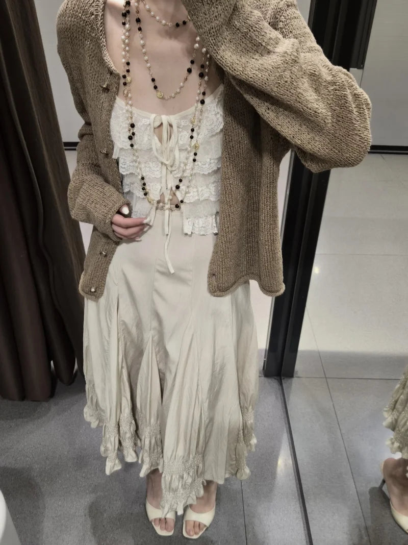 French Vintage Romantic Ruffled Smocked Panel Midi Skirt