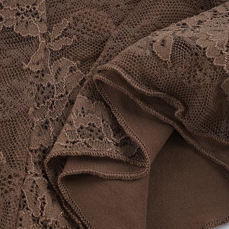 SUCHCUTE Brown Vintage Lace Trim Patchwork Faux-two-piece Top Y2k Spaghetti Strap Irregular Camisole Sexy Sleeveless Crop Tops
