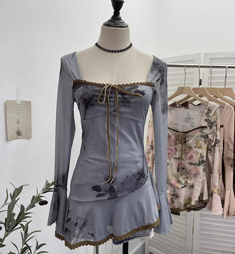 Vintage Square Collar Flare Sleeve Asymmetrical Top