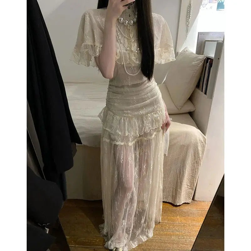 Vintage French Lace Cape Ruffle Blouse Ruched + Maxi Skirt (Two-Piece Set / Top or Skirt only)