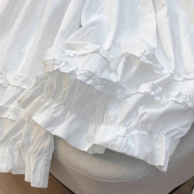 Lace Trim White Lantern Pants for Women Spring Summer Loose Elastic High Waist Wide Leg Trouser Female Ankle Length Casual Pants