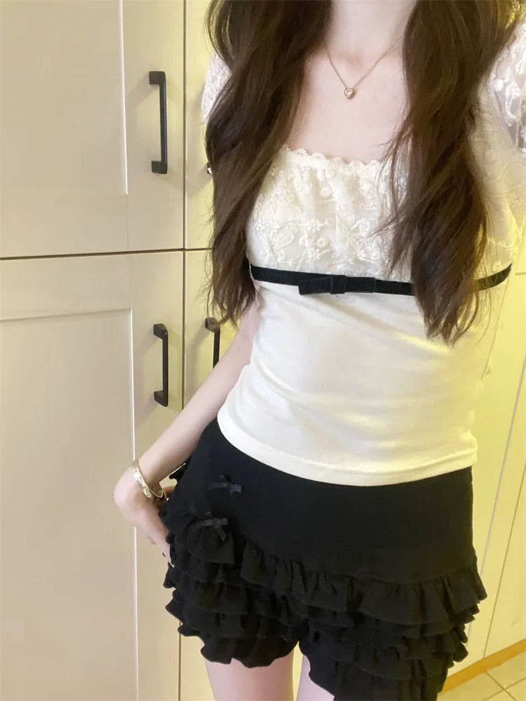 Vintage Square Neck Lace Trim Shirt