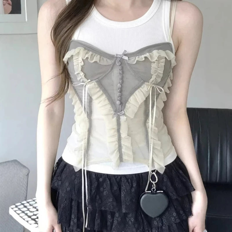 2026 Summer New Heavy Industry Hot Selling Lace Mesh Strap Stacked Vest Top for Women