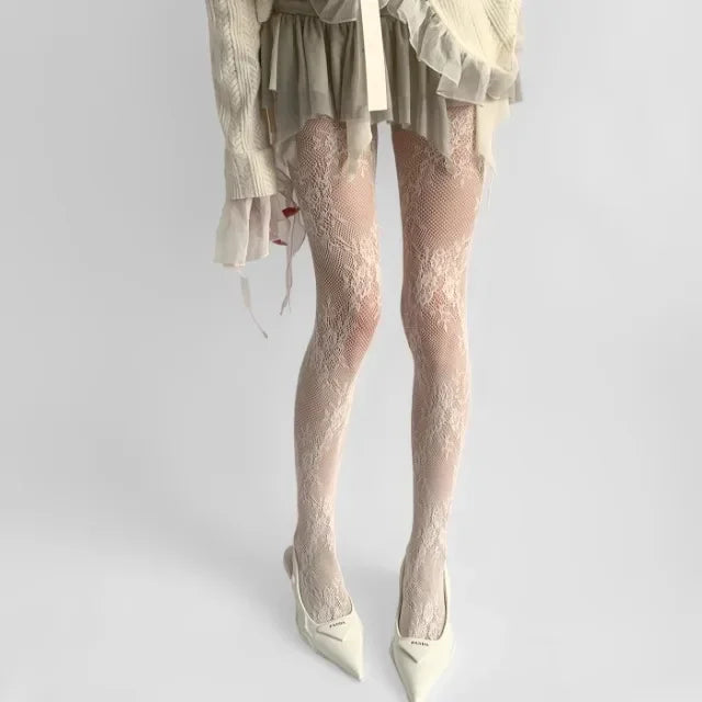 White and Black Floral Lace Mesh Stockings