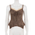 SUCHCUTE Brown Vintage Lace Trim Patchwork Faux-two-piece Top Y2k Spaghetti Strap Irregular Camisole Sexy Sleeveless Crop Tops