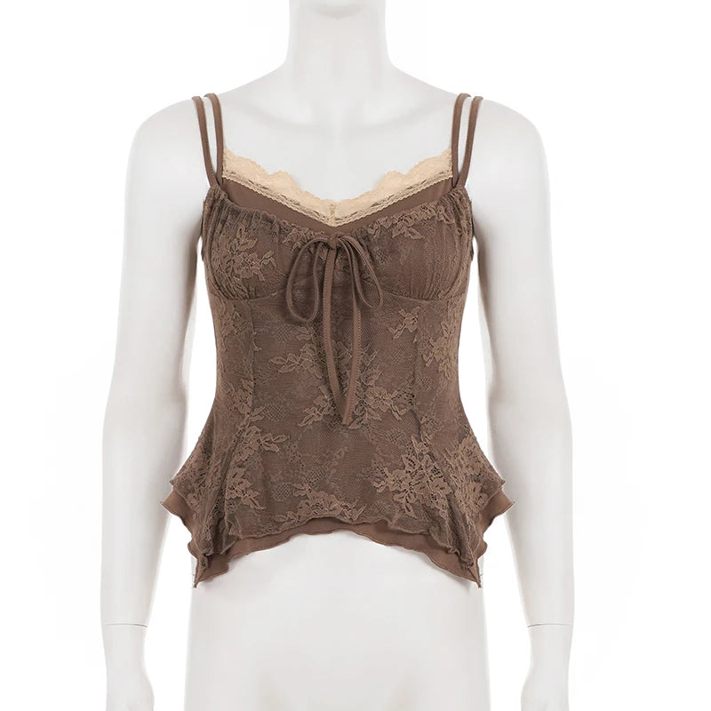 SUCHCUTE Brown Vintage Lace Trim Patchwork Faux-two-piece Top Y2k Spaghetti Strap Irregular Camisole Sexy Sleeveless Crop Tops