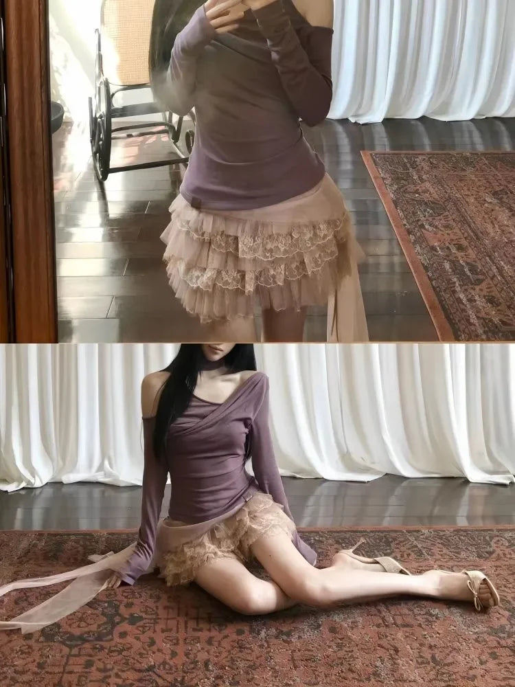 2026 Summer New French Elegant Lace Patchwork Tiered Ruffle Mini Skirt Asymmetrical Tulle Ribbon High Waist Balletcore Skirt