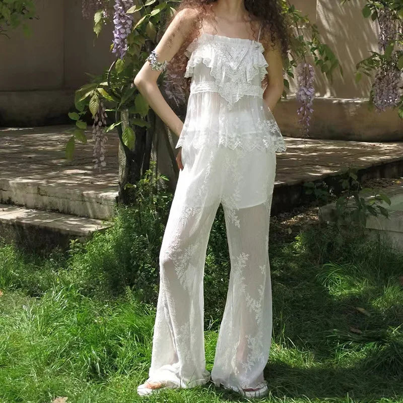 CARIE Ethereal Lace Trimmed Embroidered Strap Top Semi-Transparent Fresh Sweet Style Polyester Fiber Short Sleeveless Blouse