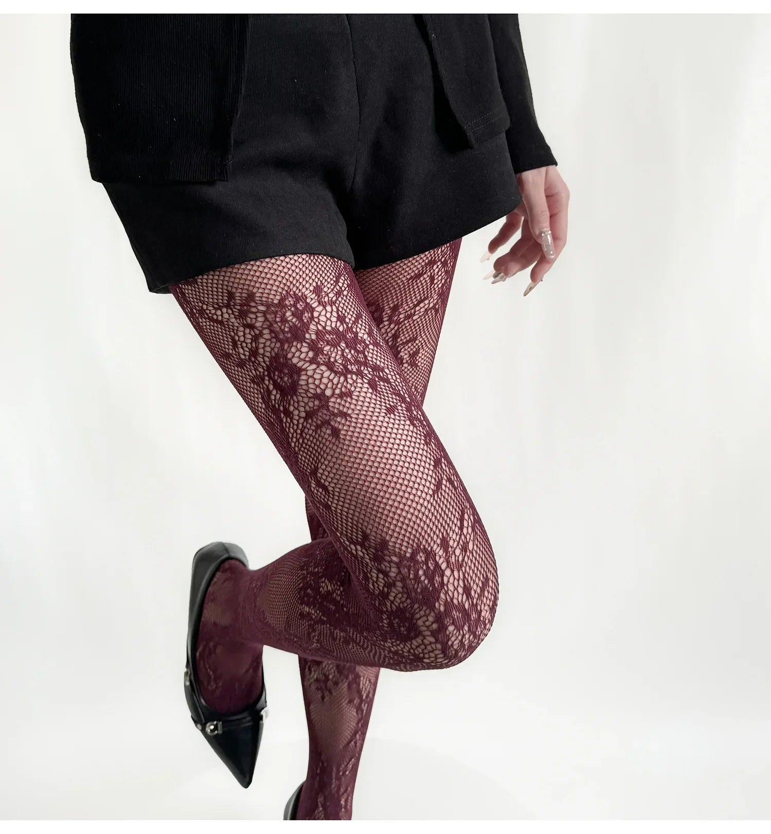 White and Black Floral Lace Mesh Stockings