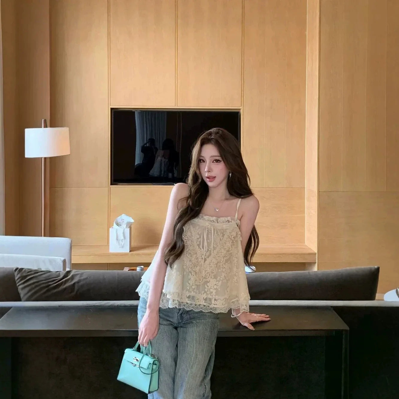 Correct Version! Summer Lace Peony Strap Top Asymmetrical Hemline Cotton Blend Women's Fresh Sweet Style Outerwear B18331621