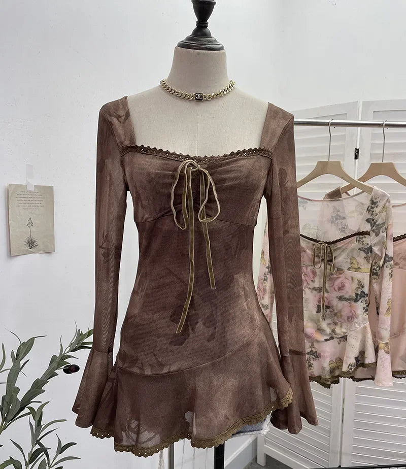 Vintage Square Collar Flare Sleeve Asymmetrical Top