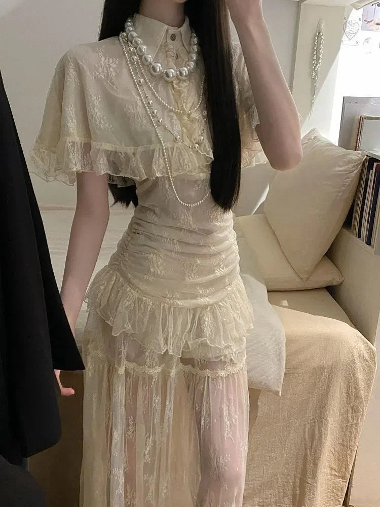 2026 Summer French Lace Cape Ruffle Blouse Ruched Lace Maxi Skirt Two Piece Set Elegant Slim Fit Casual Daily Vacation Outfit