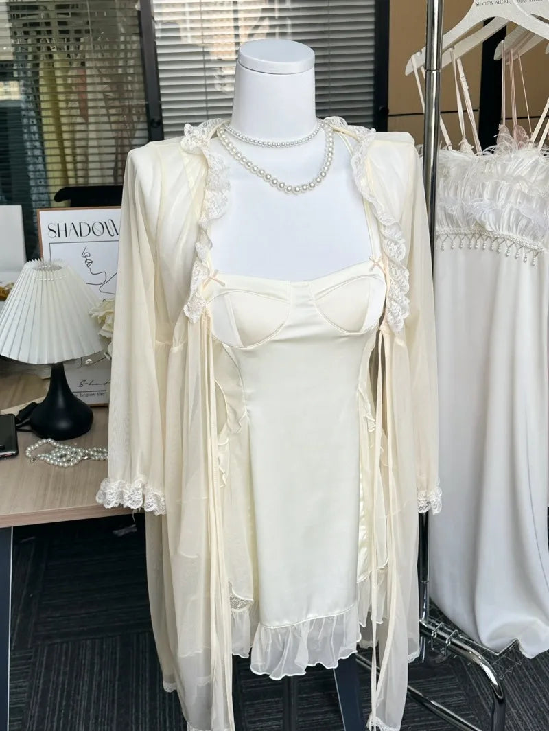 with Chest Pad Nightgown Wedding Lace Guaze Sling Nightdress Women Sexy Pajamas Sleepwear Bride Bridesmaid Casual Home Clothes