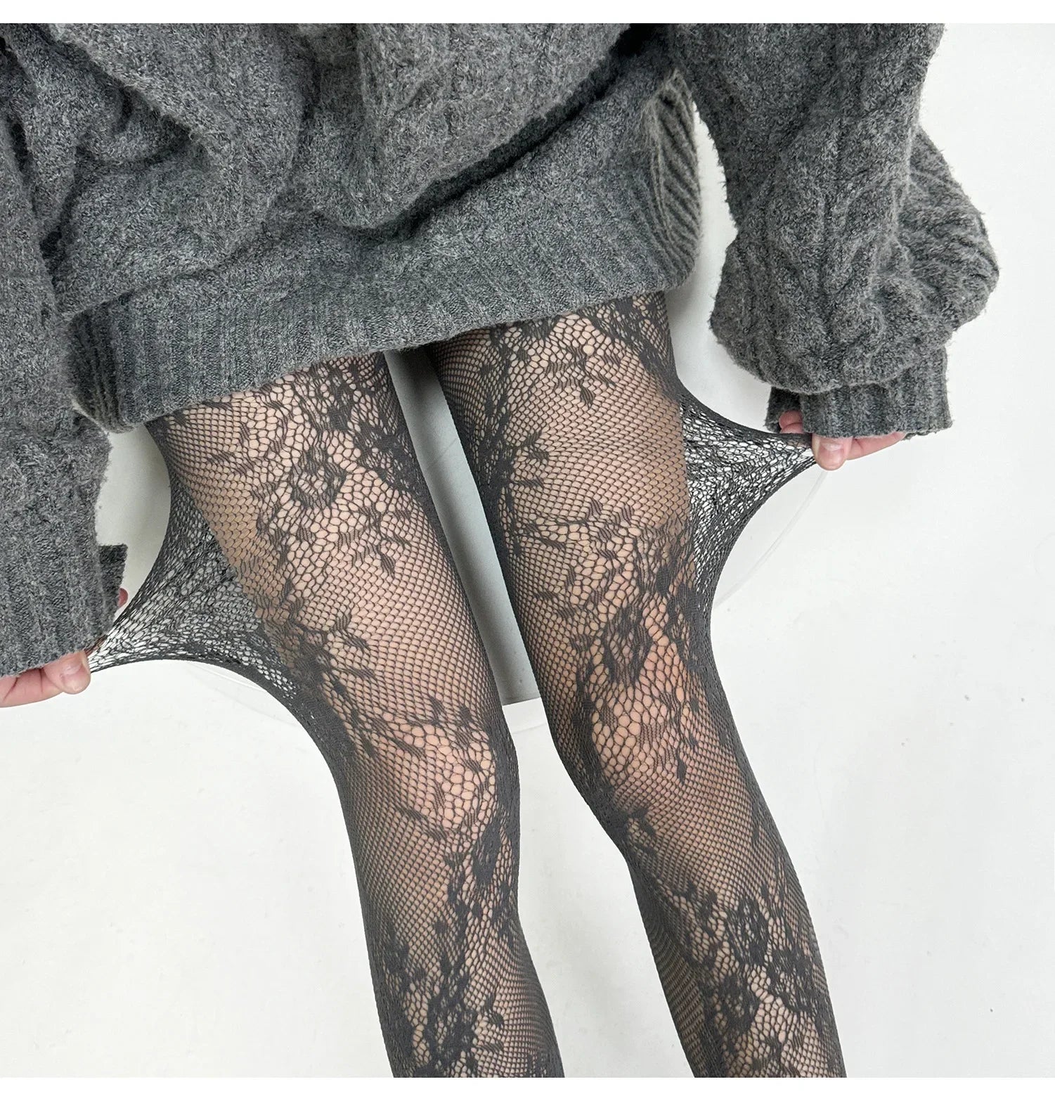 White and Black Floral Lace Mesh Stockings