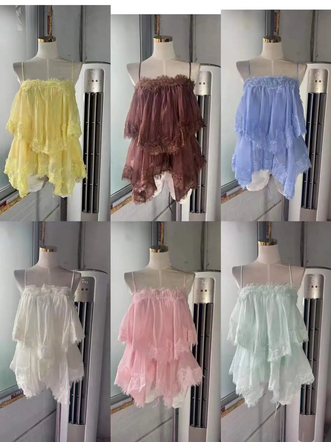 High Quality 2026 Women Lace Trim Tiered Chiffon Cami Top Spaghetti Strap Loose Babydoll Blouse