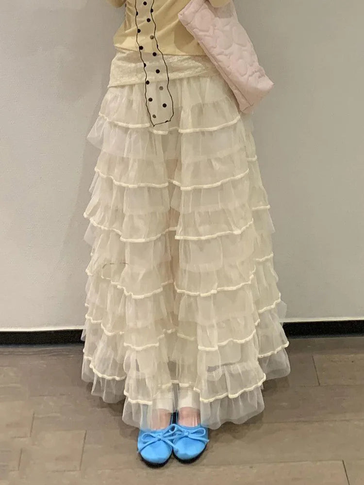 Mesh Sweet Cake Long Skirt Women Vintage High Waist Ruffles Loose Skirts French Retro Casual Spring Elegant Solid Long Skirts