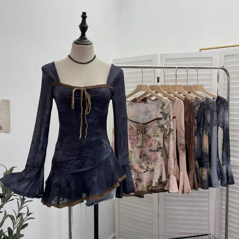 Vintage Square Collar Flare Sleeve Asymmetrical Top