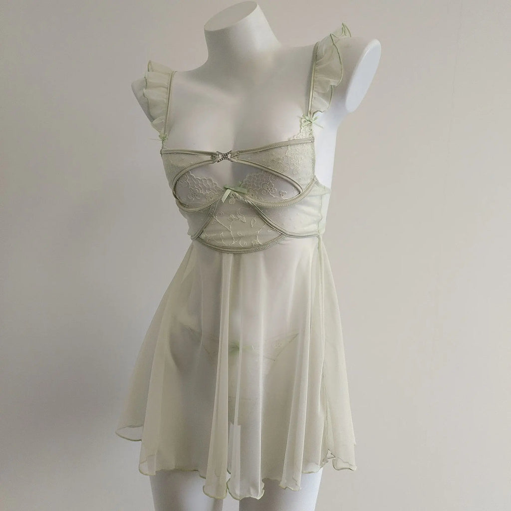 Sexy Lingerie Lace Mesh See Through Mini Dress Women Nightdress Sleepwear Cross Strap Collar Slip Backless Night Dress Pajamas