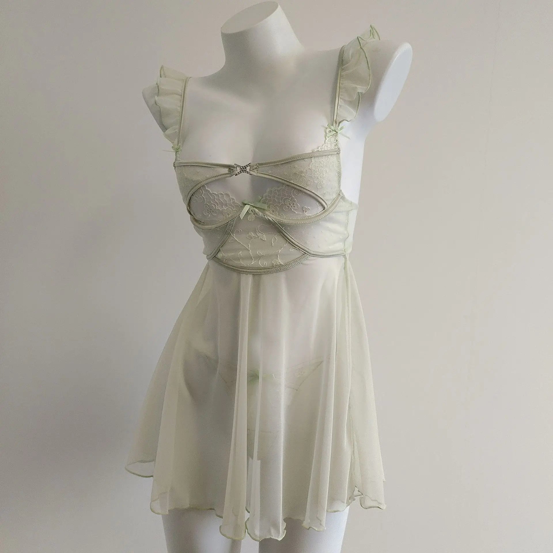 Sexy Lingerie Lace Mesh See Through Mini Dress Women Nightdress Sleepwear Cross Strap Collar Slip Backless Night Dress Pajamas