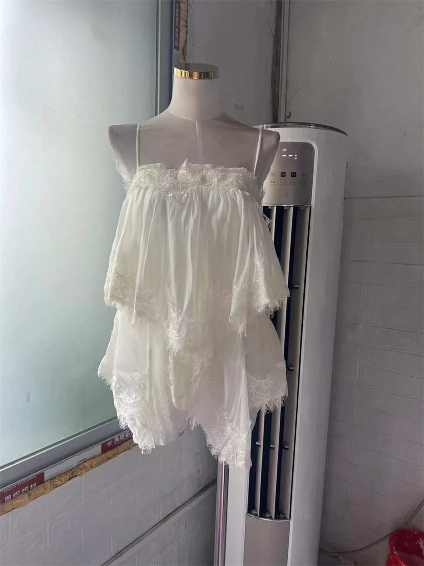 High Quality 2026 Women Lace Trim Tiered Chiffon Cami Top Spaghetti Strap Loose Babydoll Blouse