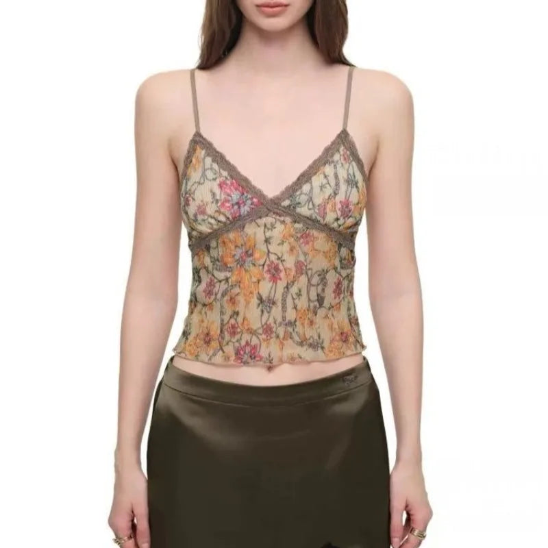 Ezgaga Sexy Crop Tank Tops Women V Neck Flowers Printed Slim Vintage Grunge Gothic Camisole Ladies Fashion Casual Clubwear