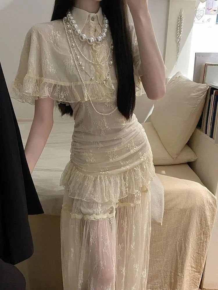 2026 Summer French Lace Cape Ruffle Blouse Ruched Lace Maxi Skirt Two Piece Set Elegant Slim Fit Casual Daily Vacation Outfit