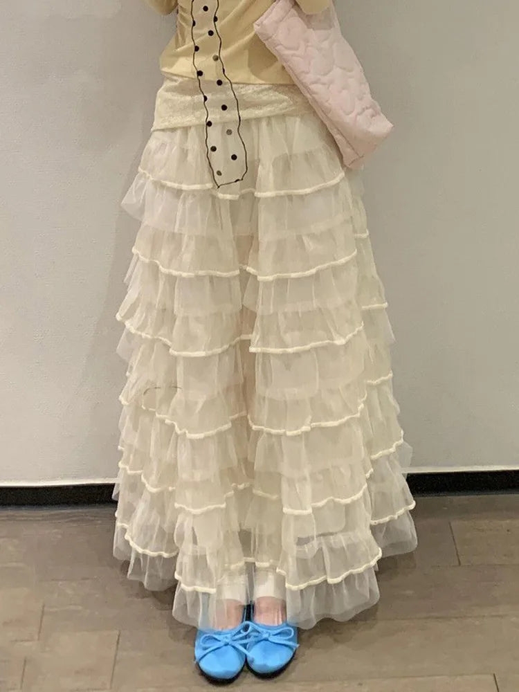 Mesh Sweet Cake Long Skirt Women Vintage High Waist Ruffles Loose Skirts French Retro Casual Spring Elegant Solid Long Skirts