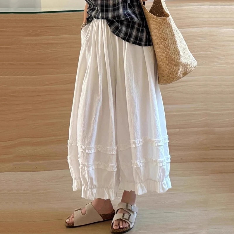 Lace Trim White Lantern Pants for Women Spring Summer Loose Elastic High Waist Wide Leg Trouser Female Ankle Length Casual Pants