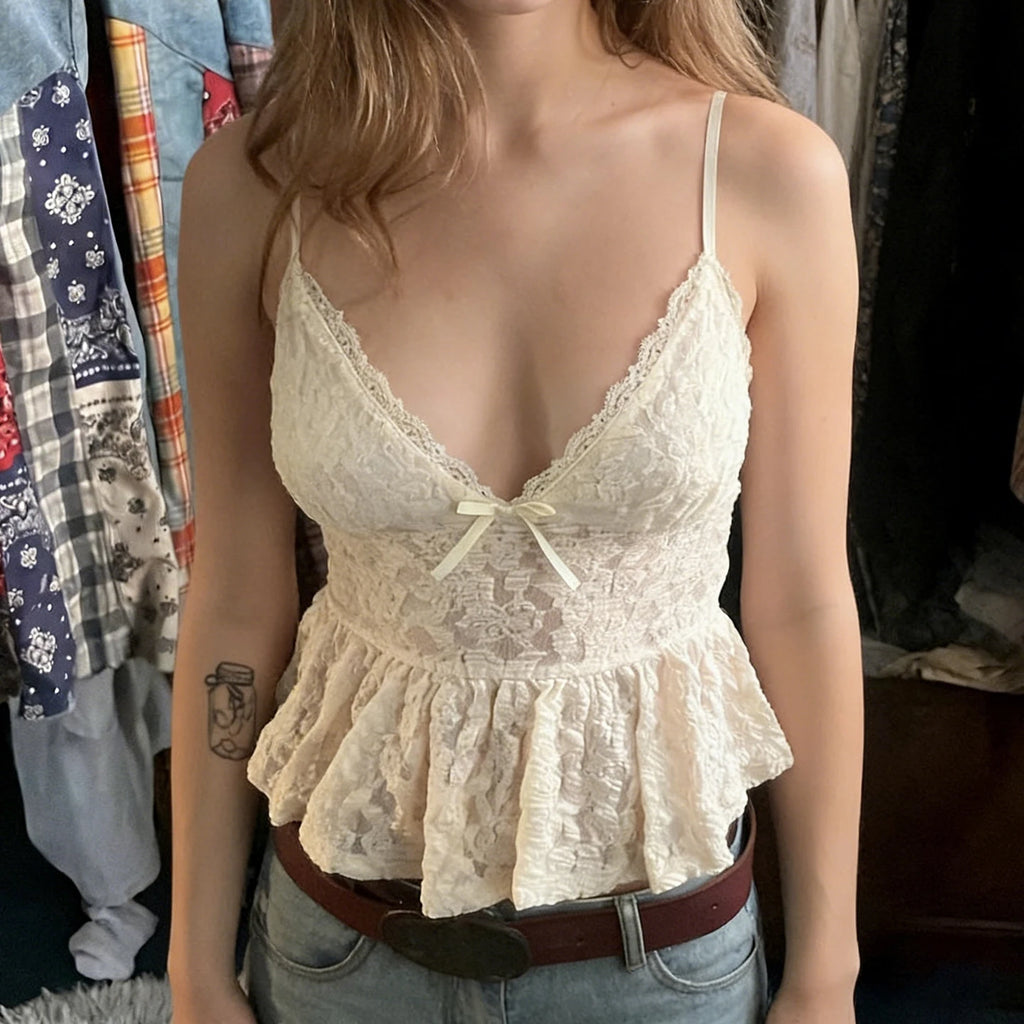 SUCHCUTE Lace Patchwork Bow Cami Tops Sexy V-neck sleeveless Tank Top Summer Vacation Camisole Y2k Backless Tanks Coquette  Chic