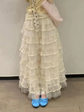 Mesh Sweet Cake Long Skirt Women Vintage High Waist Ruffles Loose Skirts French Retro Casual Spring Elegant Solid Long Skirts
