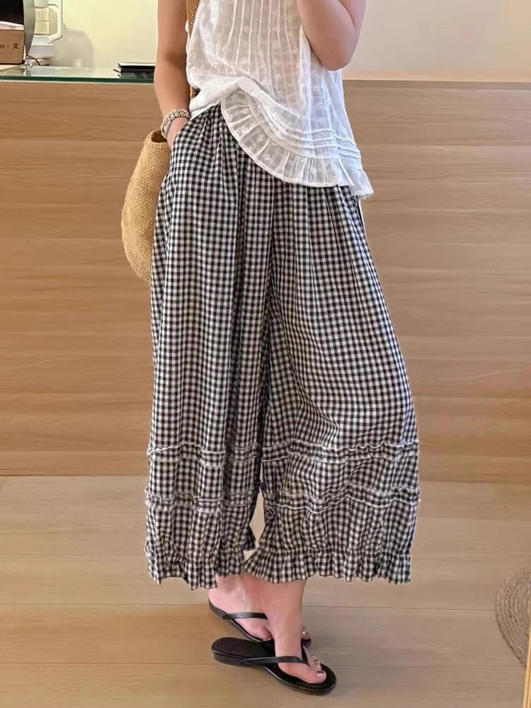 Lace Trim White Lantern Pants for Women Spring Summer Loose Elastic High Waist Wide Leg Trouser Female Ankle Length Casual Pants
