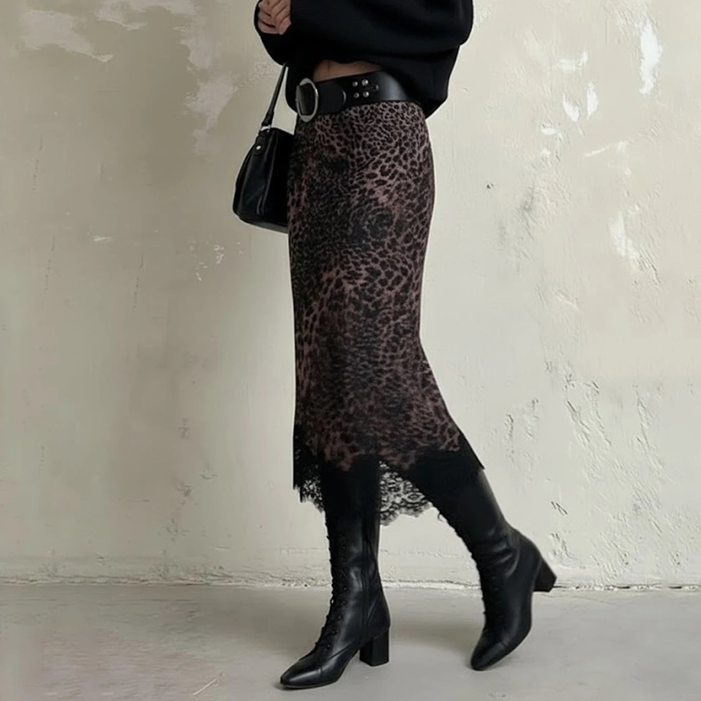 Vintage Low-Waist Leopard-Print Lace Skirt