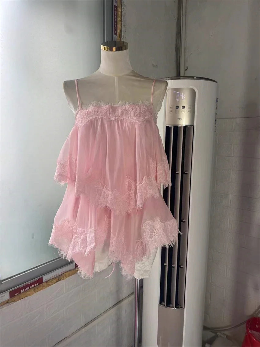 High Quality 2026 Women Lace Trim Tiered Chiffon Cami Top Spaghetti Strap Loose Babydoll Blouse