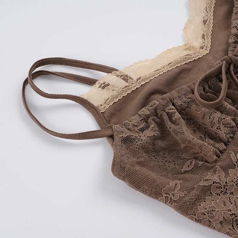 SUCHCUTE Brown Vintage Lace Trim Patchwork Faux-two-piece Top Y2k Spaghetti Strap Irregular Camisole Sexy Sleeveless Crop Tops