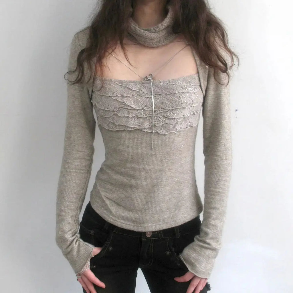 Grey Lace Trim Long Sleeve Coquette Top