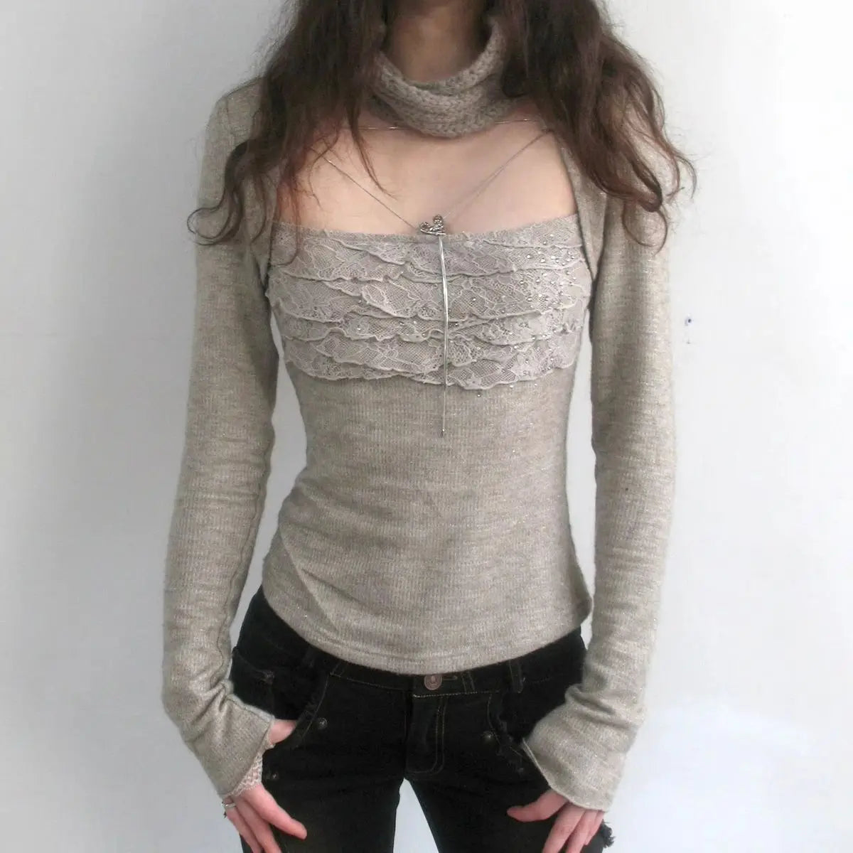 Grey Lace Trim Long Sleeve Coquette Top