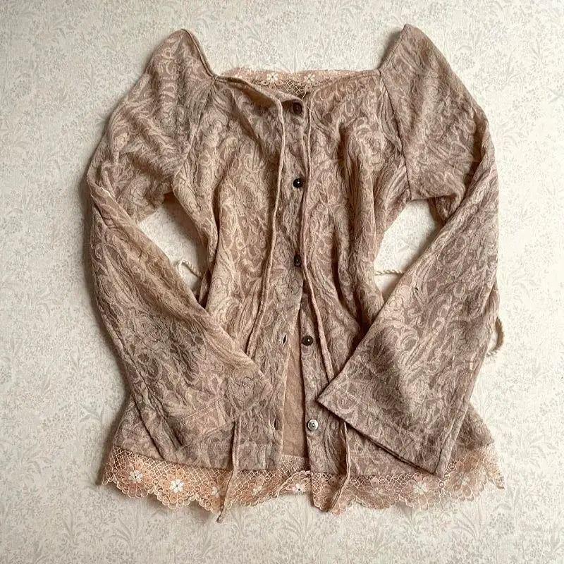 Vintage Dusty Pink Lace Long-Sleeved Top (2-Piece Set)