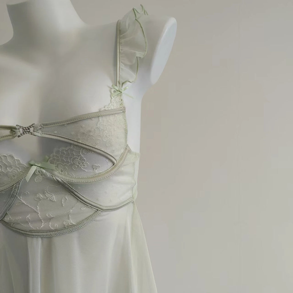 Sexy Lingerie Lace Mesh See Through Mini Dress Women Nightdress Sleepwear Cross Strap Collar Slip Backless Night Dress Pajamas
