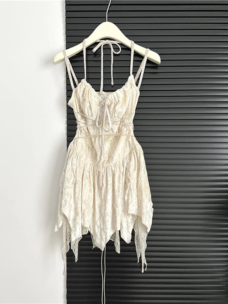 Fashion Irregular V-Neck Women Slim Suspender One-Piece Summer A-Line Tie Up Gothic Y2K Pleated Female Dress Bandage Design Chic