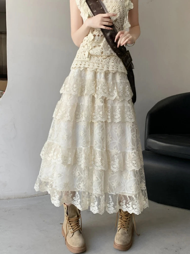 Mid Long Skirt Womens Crochet Lace Skirt 2025 Goth Lolita Spring Summer High Waisted High Low Ruched Ruffle Pleated Skirts rok