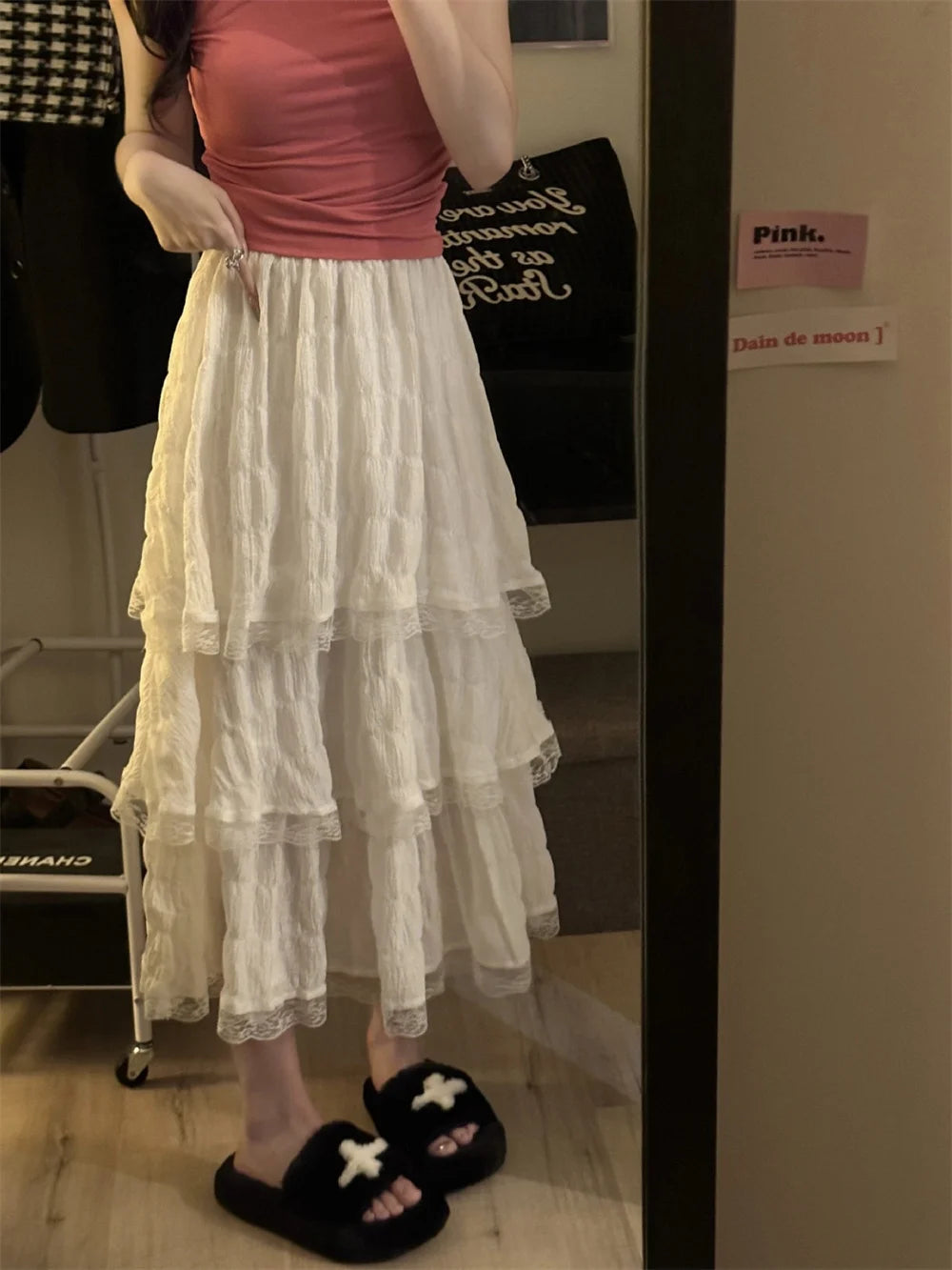 Black Long Ruffle Lace Skirt