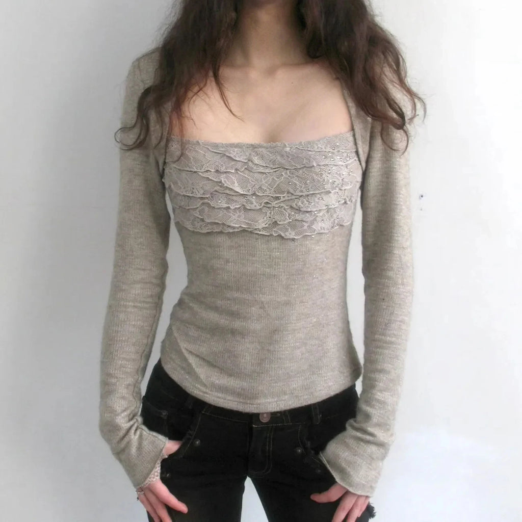 Grey Lace Trim Long Sleeve Coquette Top